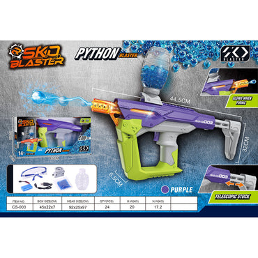 SKD CS003 Python Glowing Electric Gel Blaster packaging showing features like glowing barrel, telescopic stock, and included accessories.