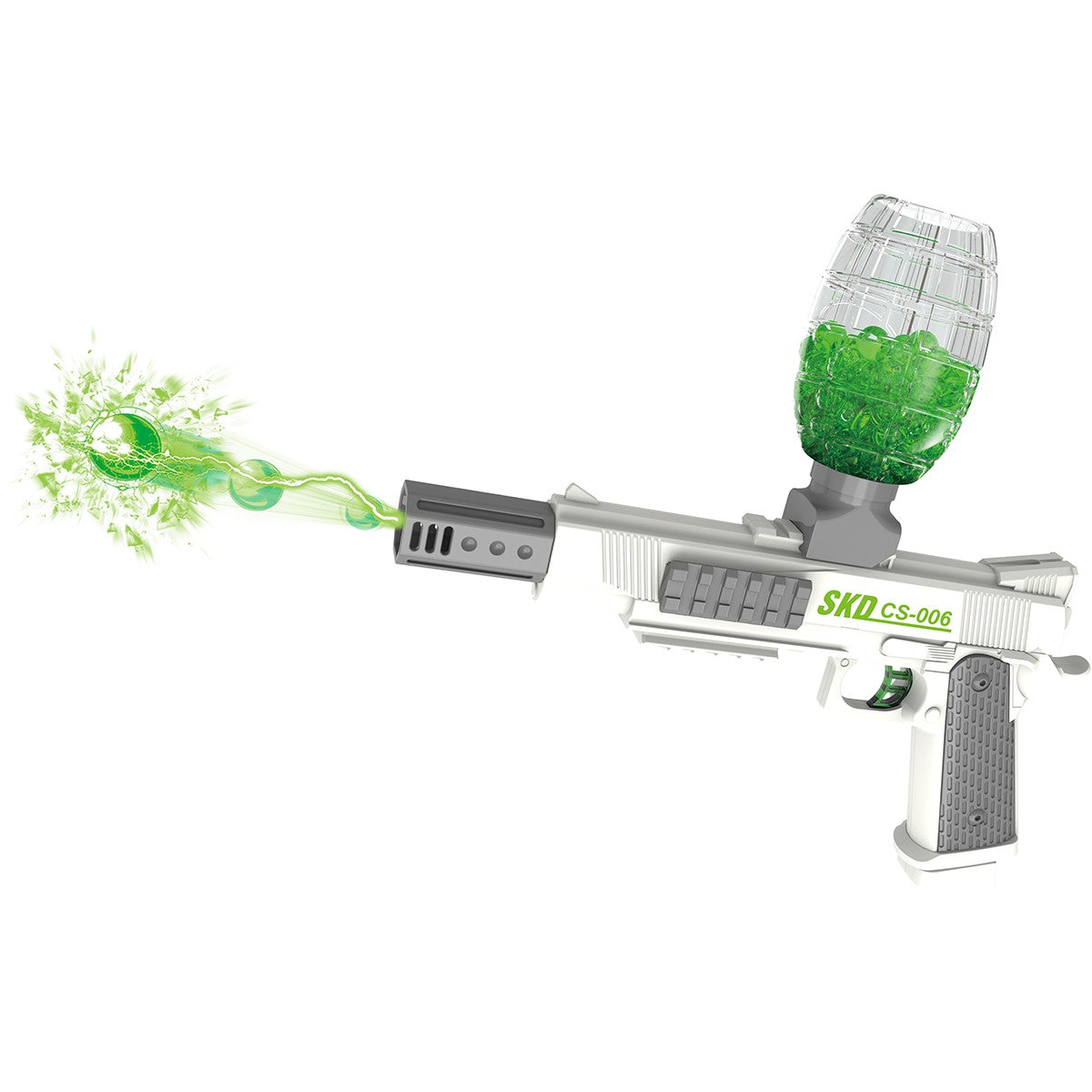 SKD CS006S M1911 Gel Blaster with extended barrel attachment firing green gel beads, perfect for action-packed outdoor games.