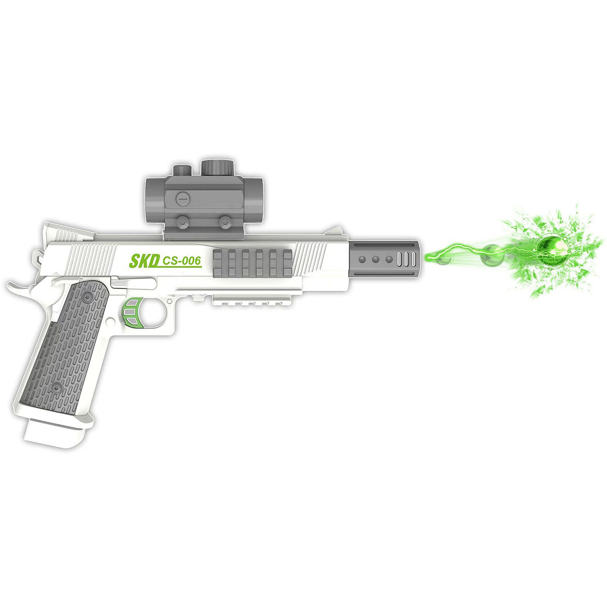 Side view of SKD CS006S M1911 Electric Gel Blaster with scope and firing green gel beads, enhancing hand-eye coordination in kids.