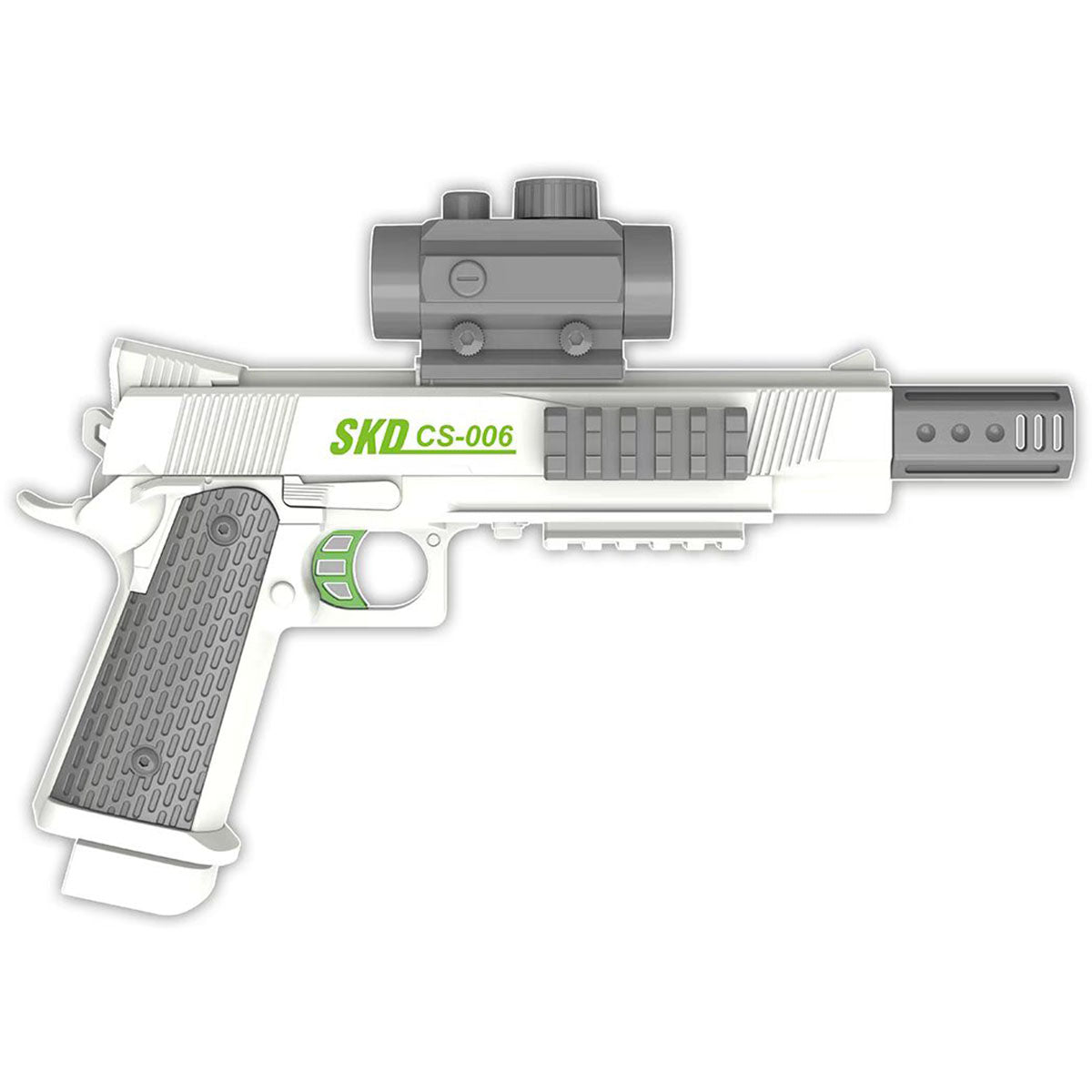 SKD CS006S M1911 Gel Blaster with mounted scope and textured grip, great for developing imagination and manual dexterity in children.