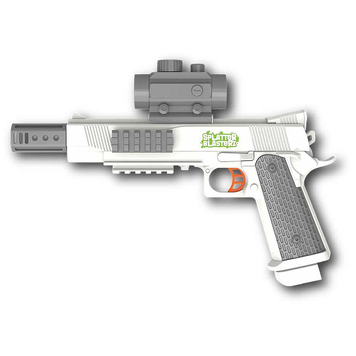 SKD CS006S M1911 Electric Gel Blaster labeled 'Splatter Blasterz' with scope and ergonomic handle, ideal for toy weapon enthusiasts.