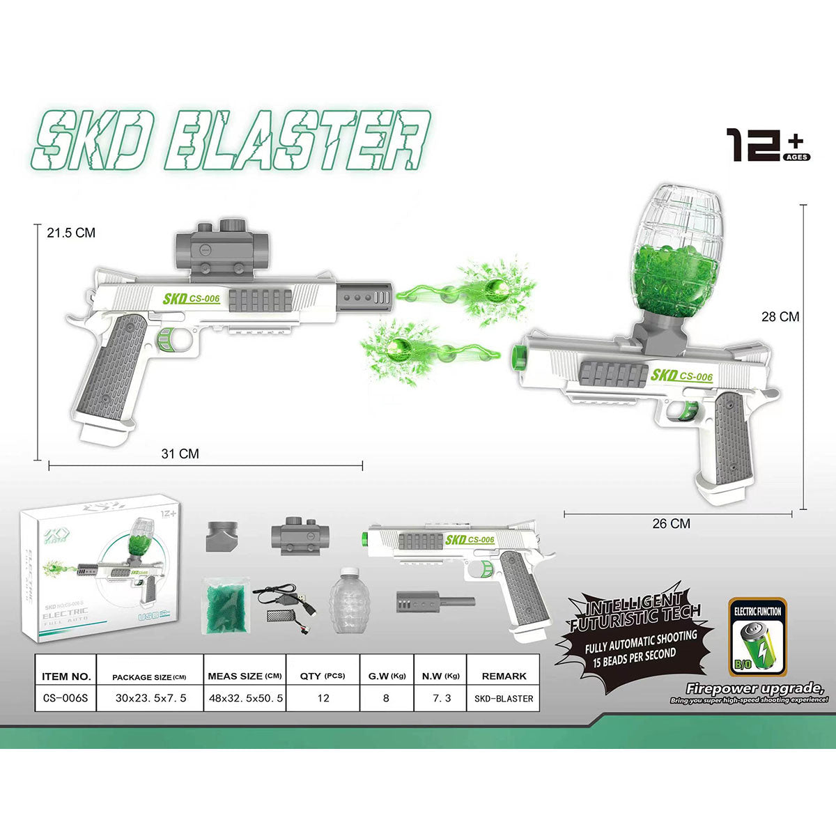 SKD CS006S M1911 Gel Blaster product packaging and specifications, showcasing accessories and dimensions for toy weapon shoppers.