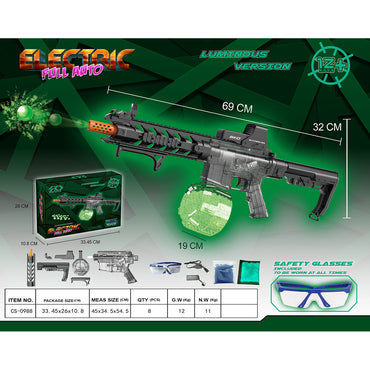 SKD CS0988 M4 WASP Luminous Electric Gel Blaster full auto toy set with dimensions, accessories, and safety glasses for kids 12+.