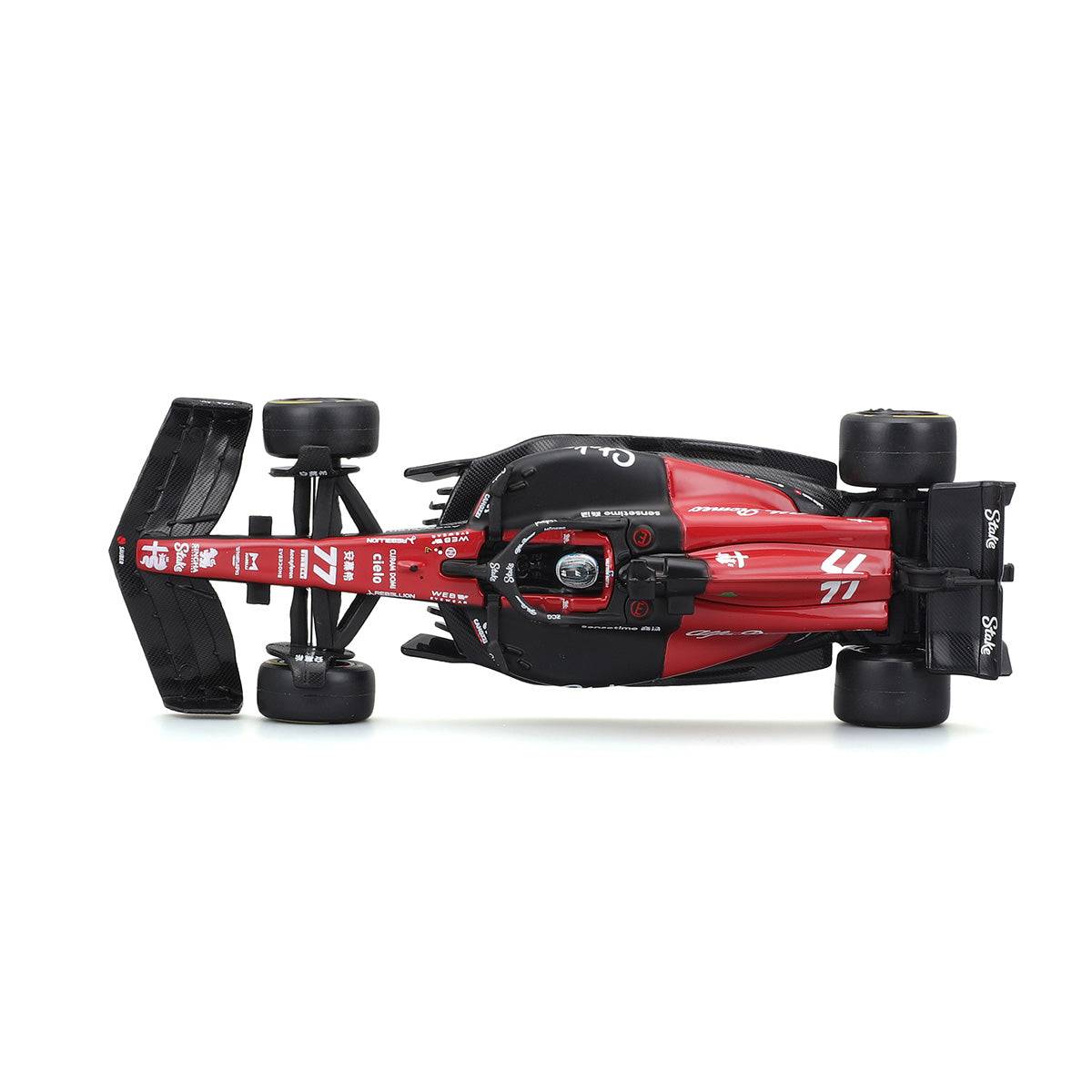 Top-down view of the 1:43 Alfa Romeo 2023 F1 Team Stake C43 model car, highlighting the detailed livery and aerodynamic contours.