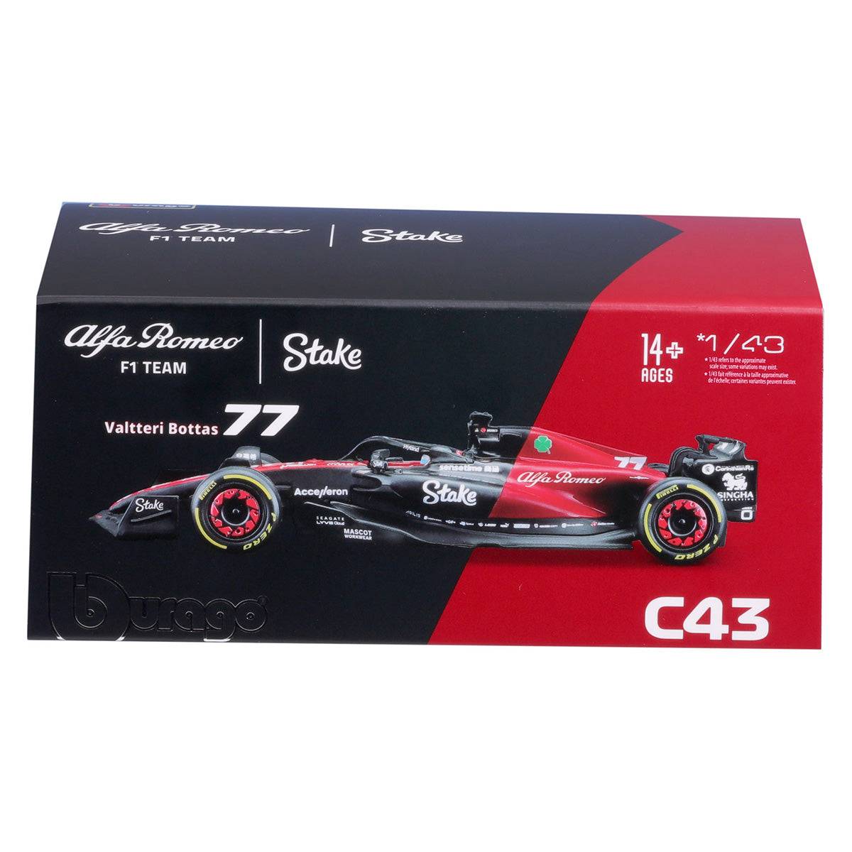 Packaging of the 1:43 Alfa Romeo 2023 F1 Team Stake C43 model car, featuring Valtteri Bottas' #77 livery and official branding.