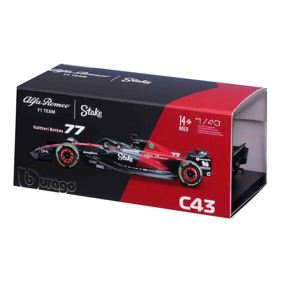Side view of the boxed 1:43 Alfa Romeo 2023 F1 Team Stake C43 model car, displaying the product details and team branding.