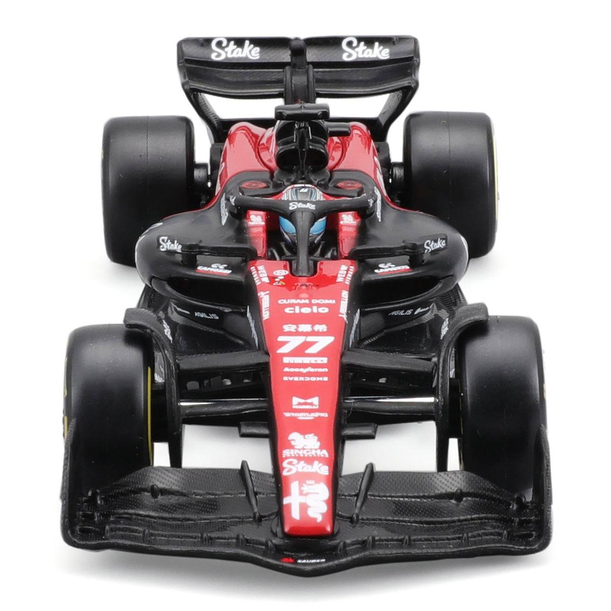 Front view of the 1:43 Alfa Romeo 2023 F1 Team Stake C43 model car, displaying the aggressive aerodynamic design and sponsor branding.