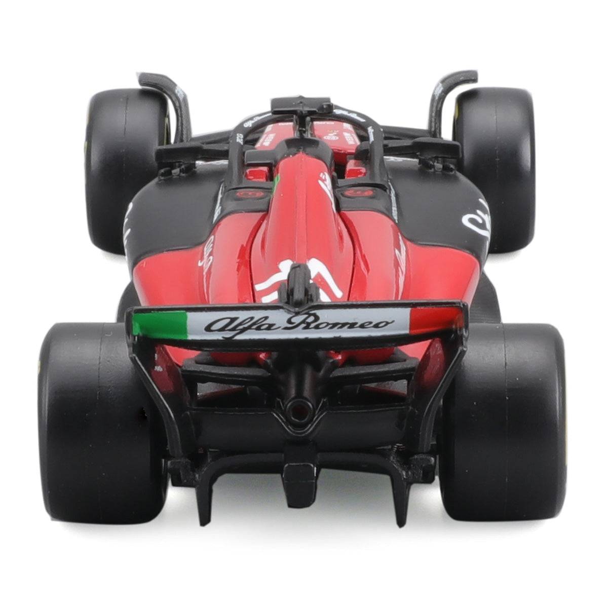 Rear view of the 1:43 Alfa Romeo 2023 F1 Team Stake C43 model car, featuring the Alfa Romeo logo and aerodynamic rear wing details.