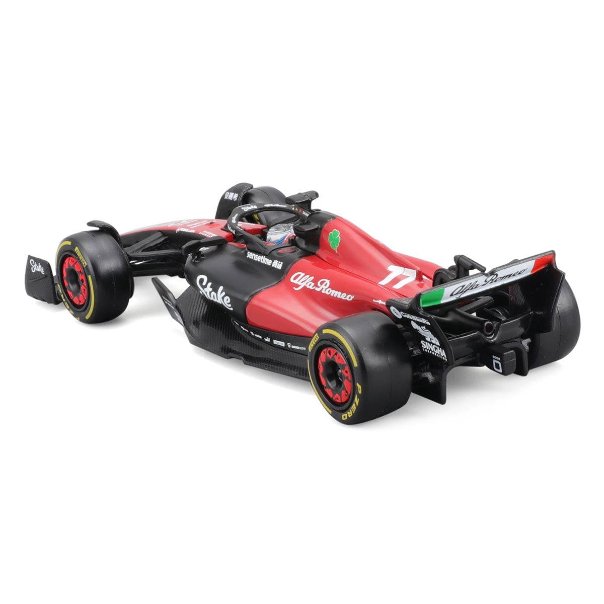 Angled rear-side view of the 1:43 Alfa Romeo 2023 F1 Team Stake C43 model car, showcasing the sleek bodywork and race-inspired design.
