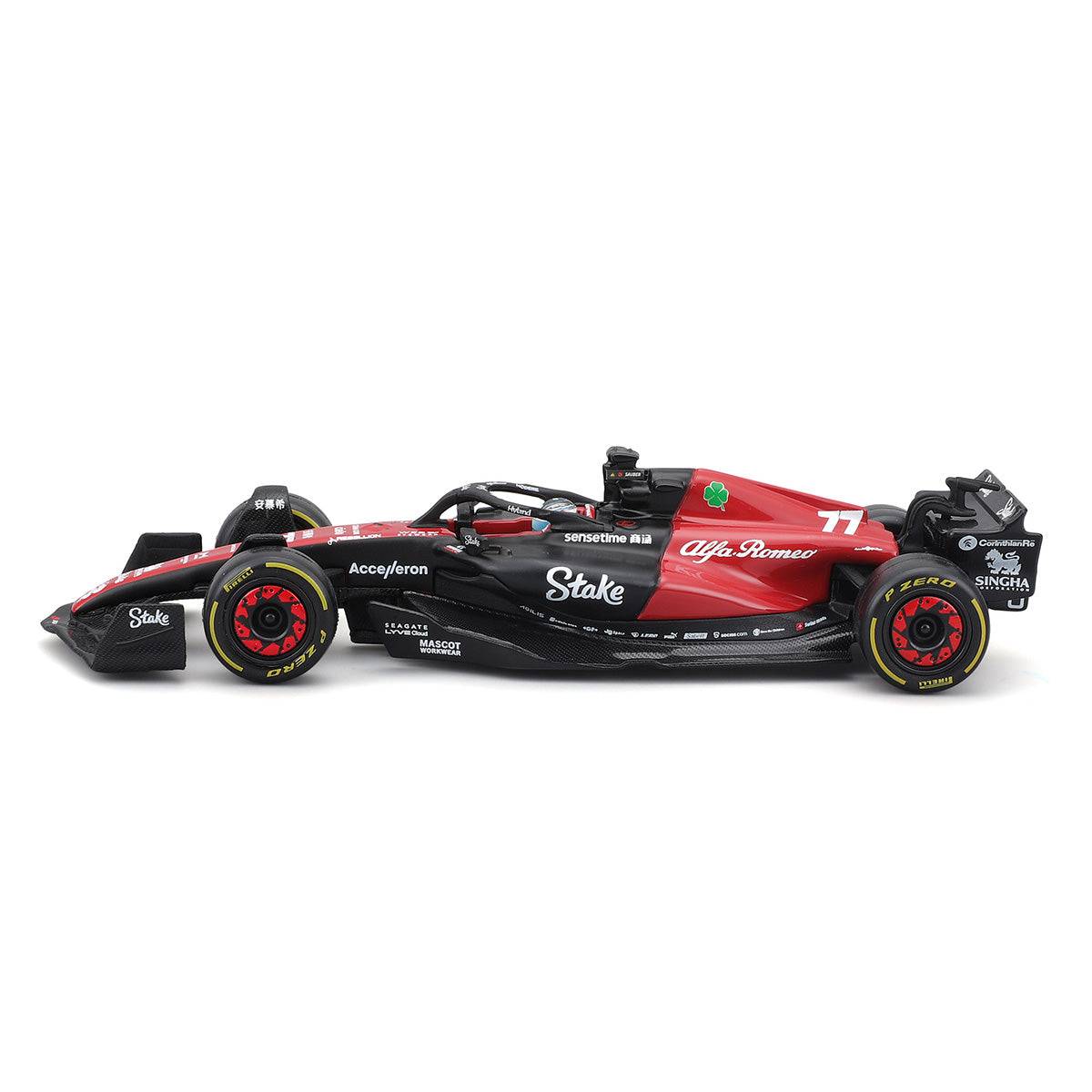 Side profile of the 1:43 Alfa Romeo 2023 F1 Team Stake C43 model car, featuring Valtteri Bottas' #77 livery and sponsor decals.
