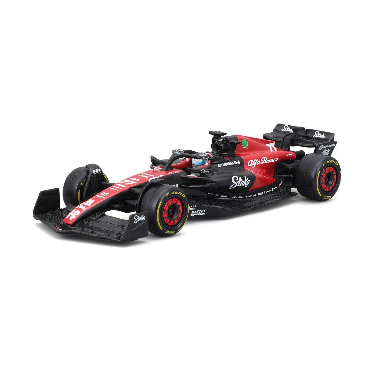 Three-quarter front view of the 1:43 Alfa Romeo 2023 F1 Team Stake C43 model car, capturing its detailed design and realistic finish.