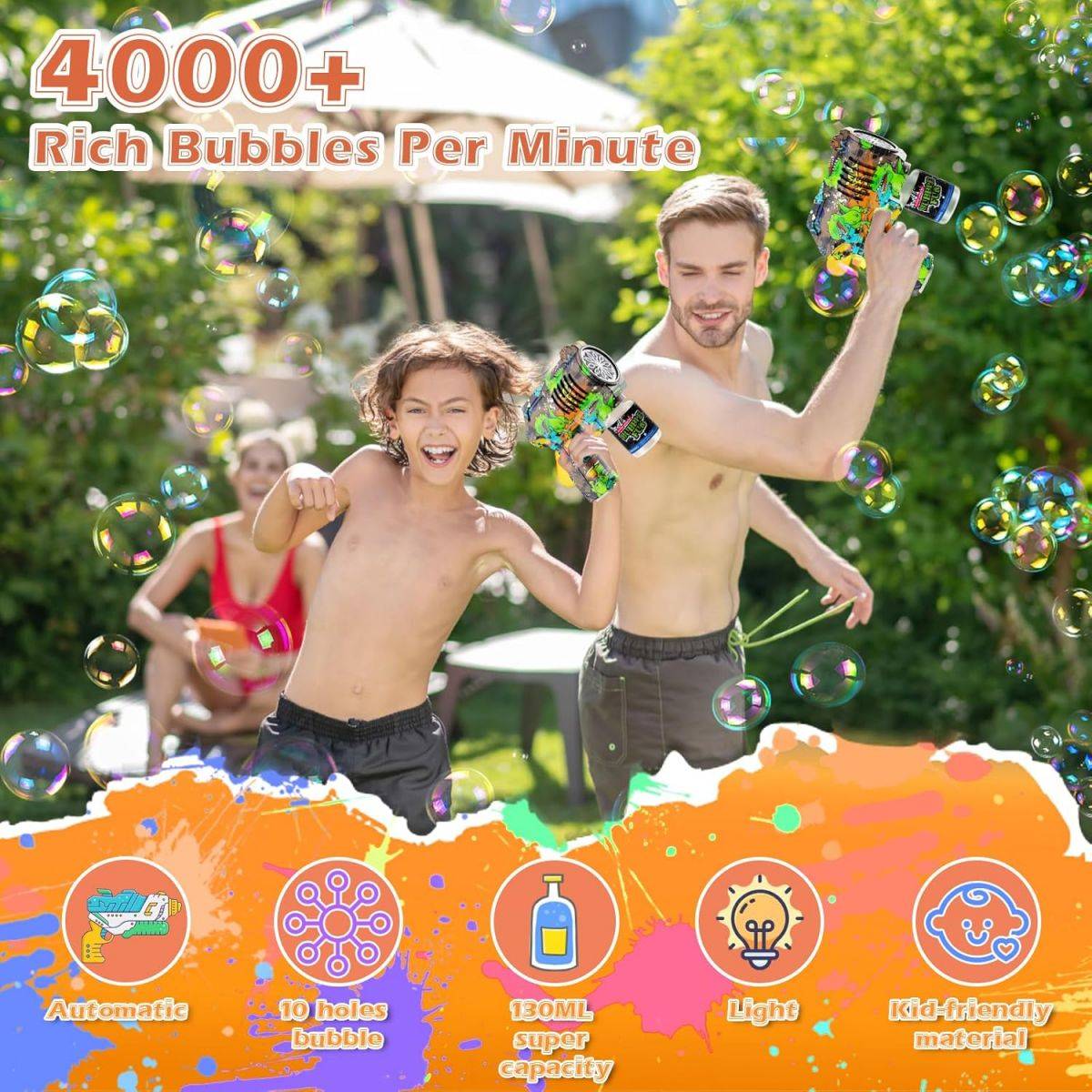Father and son playing with graffiti bubble guns outdoors. Produces 4000+ bubbles per minute with kid-friendly materials and large bubble capacity.