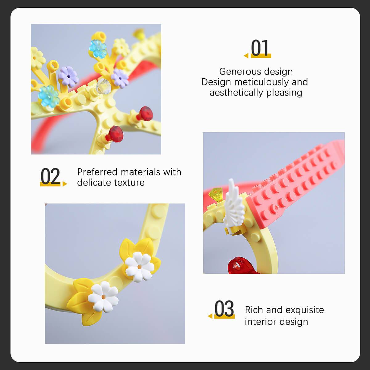 Close-up details of the yellow Kids DIY Glasses Building Block Set, showcasing high-quality materials and intricate floral and winged design.