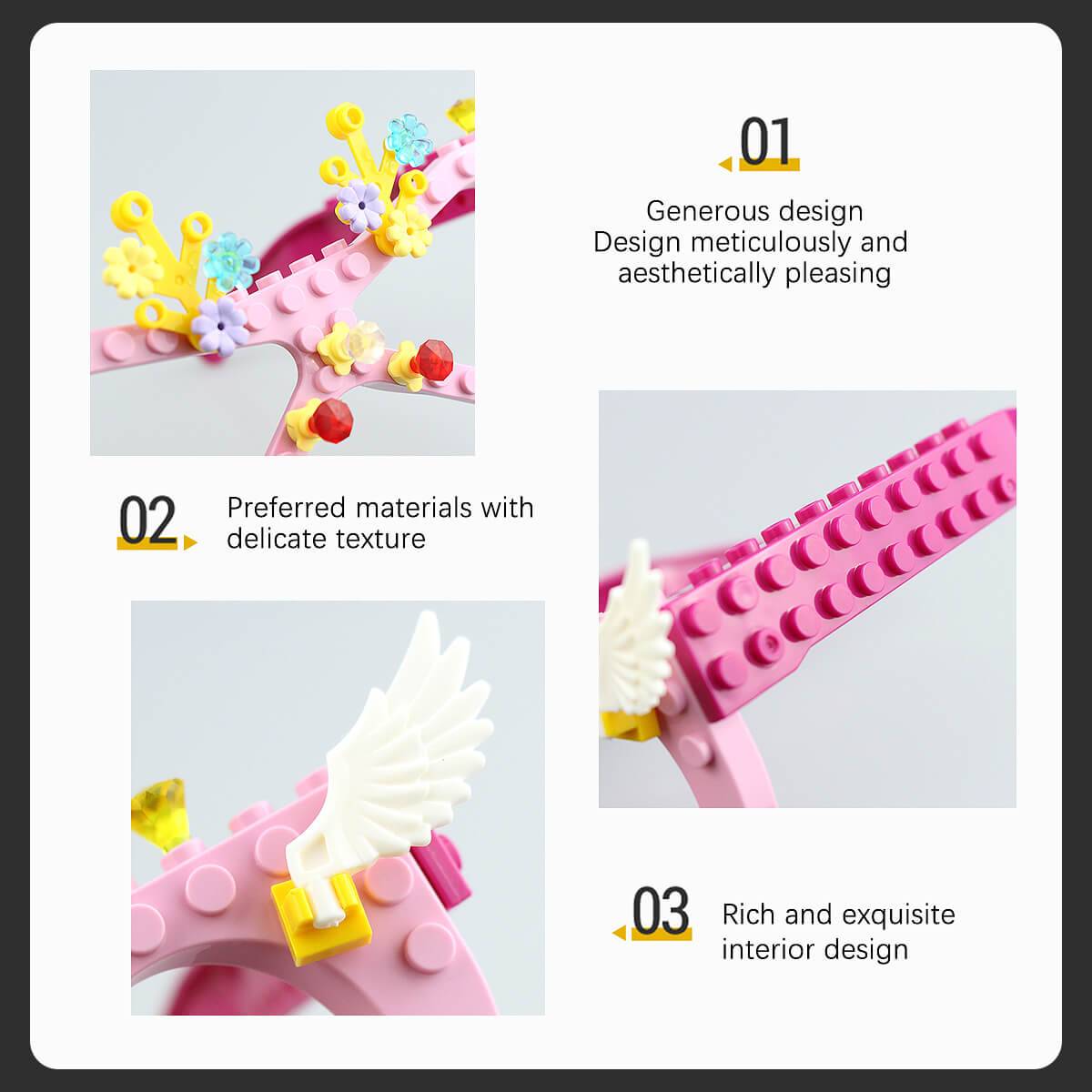 Close-up details of the pink Kids DIY Glasses Building Block Set, highlighting the high-quality materials and intricate floral and winged design.