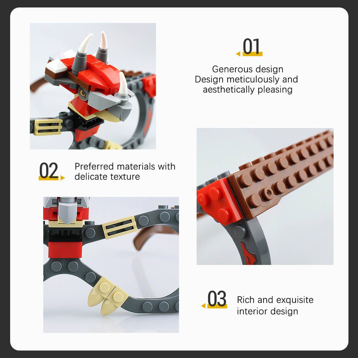 Close-up details of the dinosaur-themed Kids DIY Glasses Building Block Set, showcasing high-quality materials and intricate triceratops design.