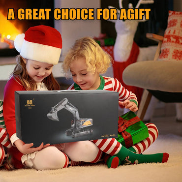Children excitedly unwrapping the Huina 1592 1:14 Remote Control Excavator gift box, making it a great holiday present for kids.