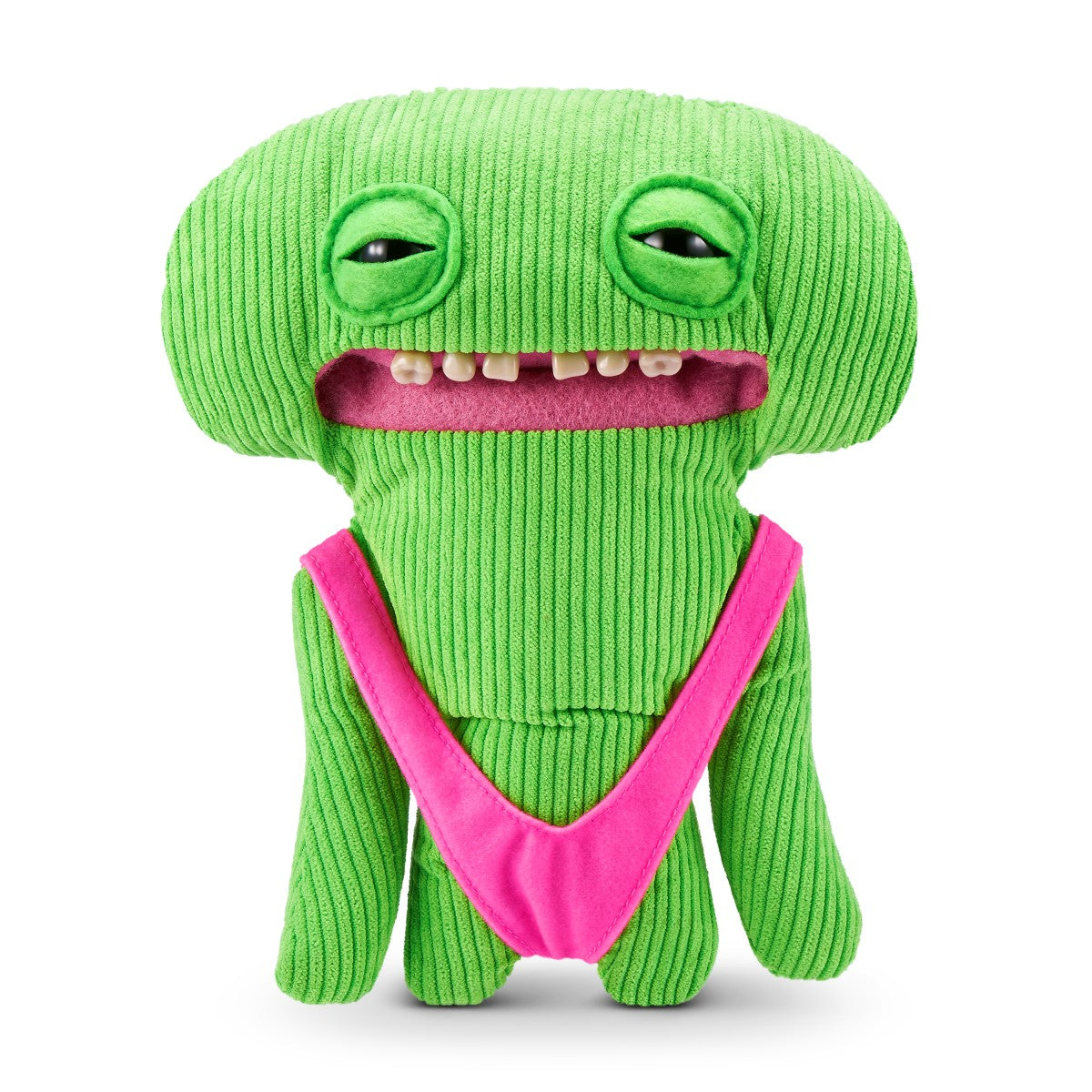 FUGGLER Soft Plush Toy in green corduroy with pink swimsuit and sleepy expression. A quirky plush for fans of weird stuffed animals.