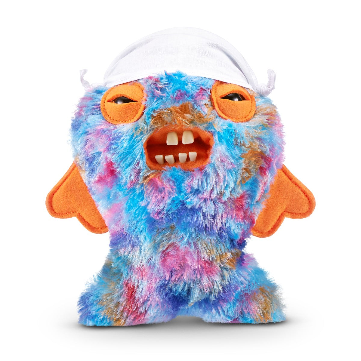 FUGGLER Soft Plush Toy in multicolor fur with white bandana and orange arms. A funky plush for fans of colorful stuffed animals.