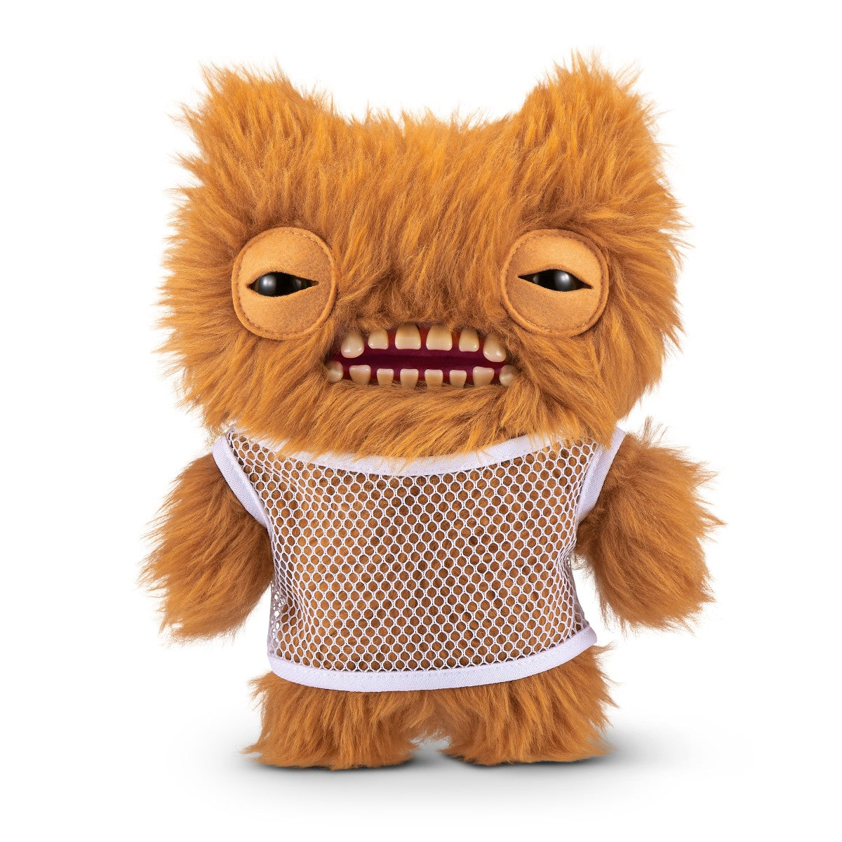 FUGGLER Soft Plush Toy in orange fur with mesh tank top and creepy smile. A sporty and strange plush for collectors.