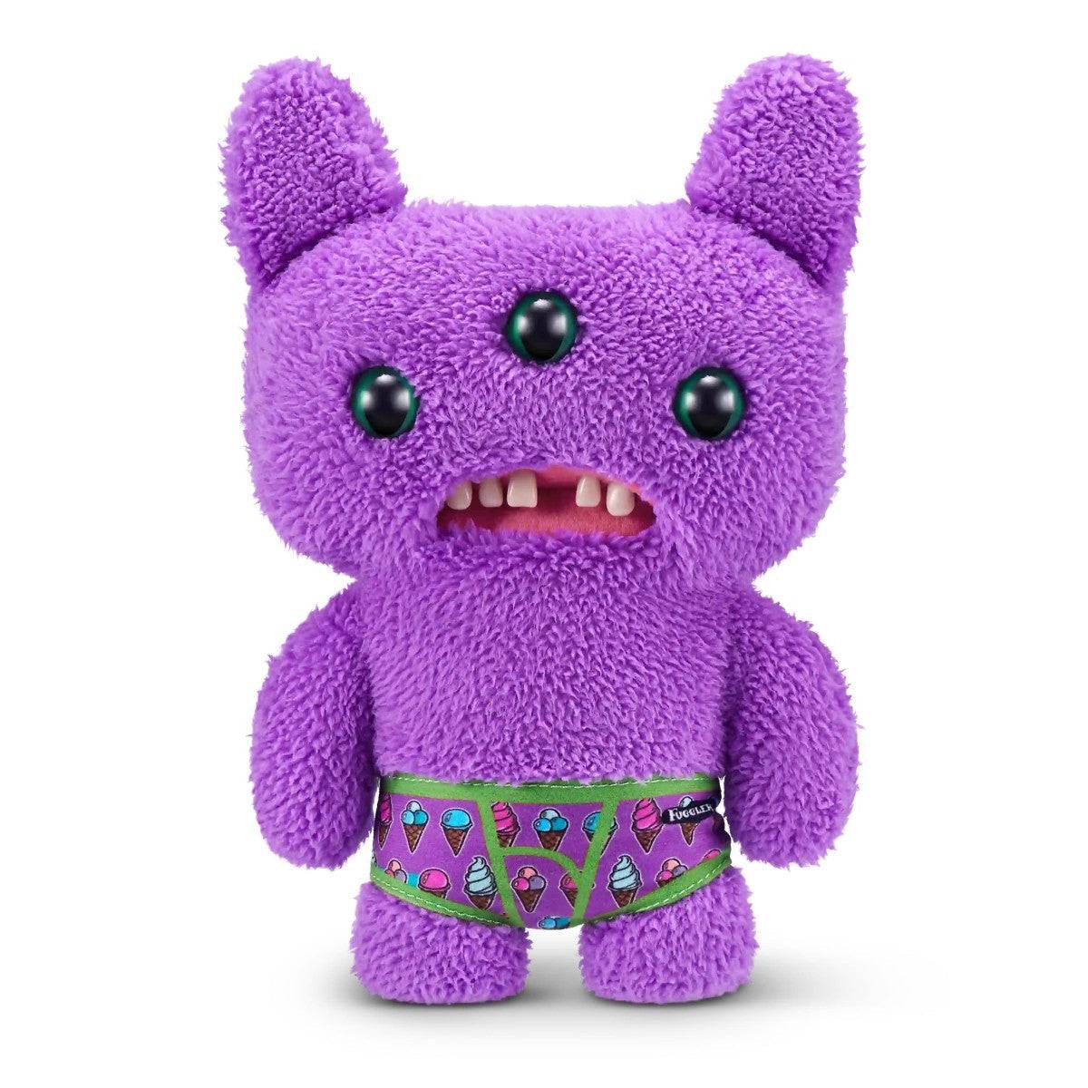FUGGLER Soft Plush Toy in purple with three eyes and ice cream print shorts. A silly and soft plush for monster toy fans.