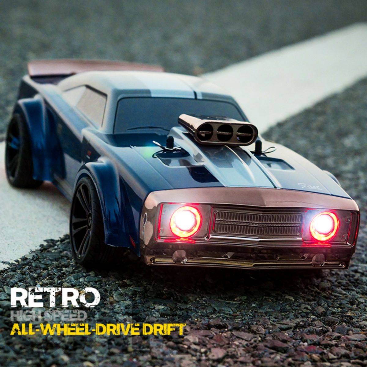 Retro-style 4WD RC drift car with LED headlights, showcasing high-speed performance and all-wheel-drive capabilities for thrilling racing action.