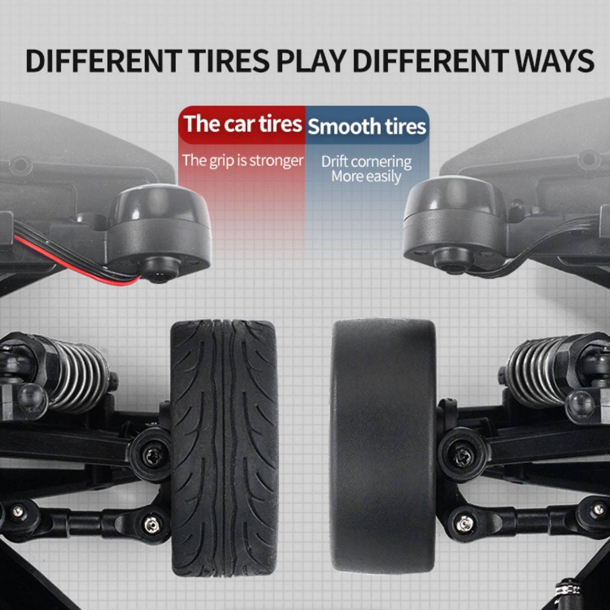 Comparison of car tires and smooth drift tires for the 16303 Electric High Speed 4WD RC Drift Car, optimizing grip and cornering performance.