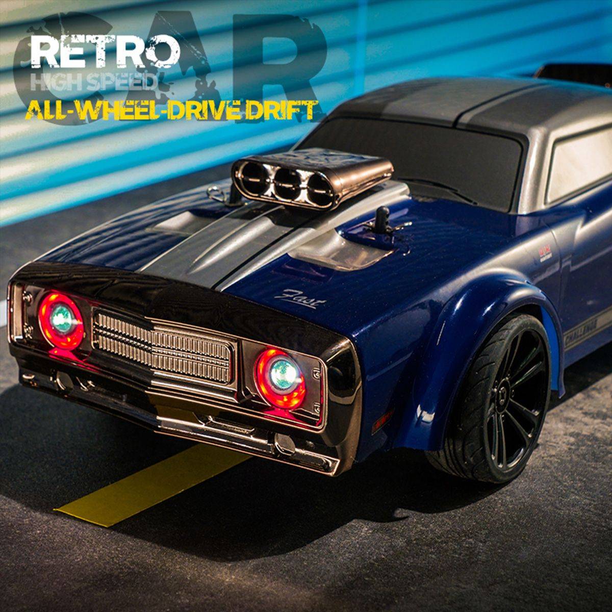 Front view of the 16303 Electric High Speed 4WD RC Drift Car with LED headlights, showcasing its aggressive retro muscle car design.