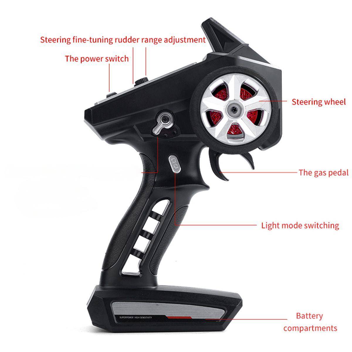 Ergonomic remote control for the 16303 Electric High Speed 4WD RC Drift Car, featuring adjustable steering, throttle, and light mode switching.