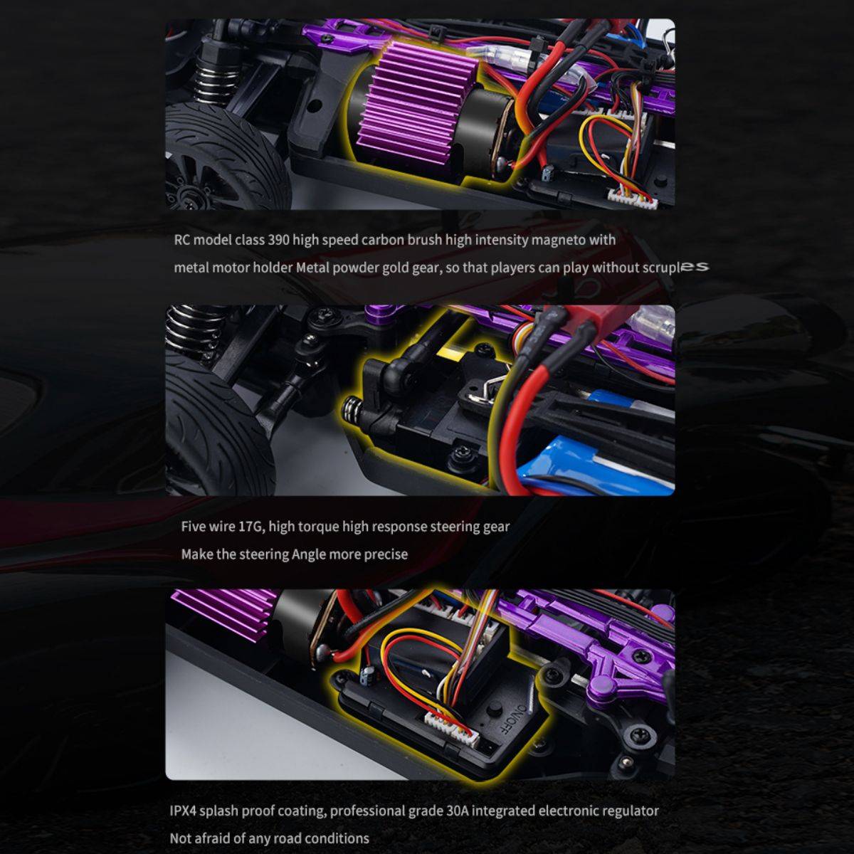 Close-up of the RC model class 390 high-intensity magneto motor and steering gear in the 16303 Electric High Speed 4WD RC Drift Car for precise control.