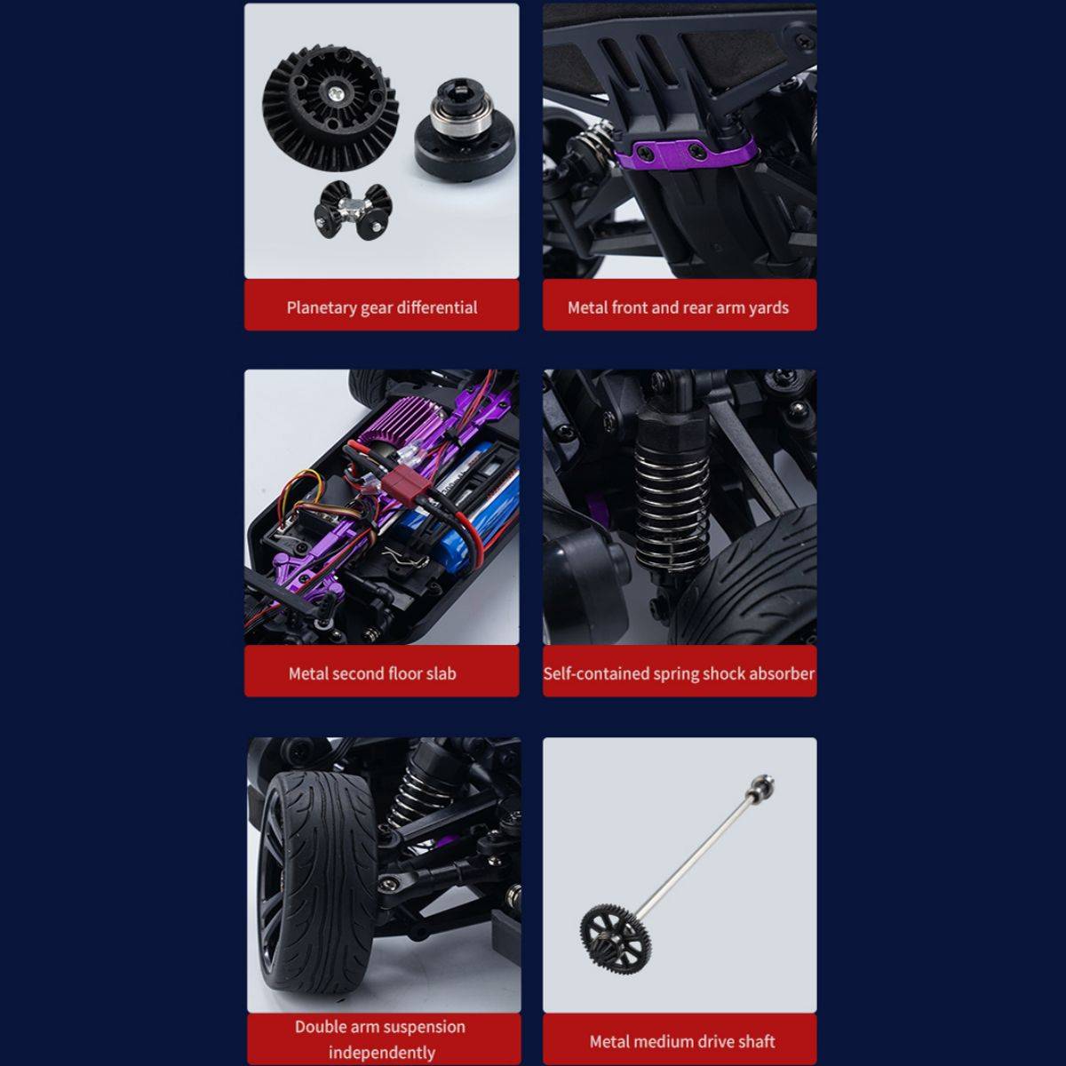 Key components of the 16303 Electric High Speed 4WD RC Drift Car, including planetary gear differential, metal suspension, and shock absorbers.