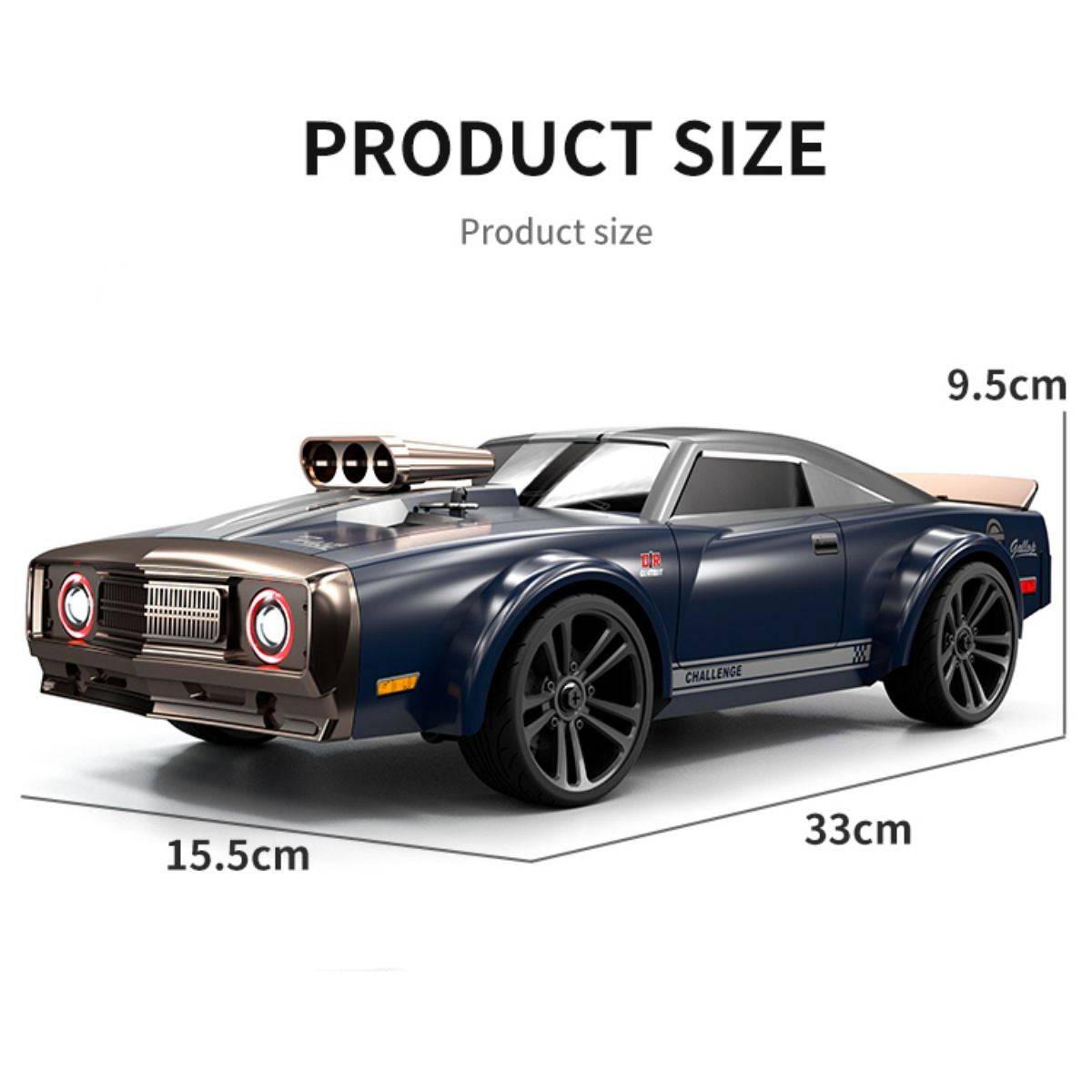 Product dimensions of the 16303 Electric High Speed 4WD RC Drift Car, measuring 33 cm in length, 15.5 cm in width, and 9.5 cm in height.