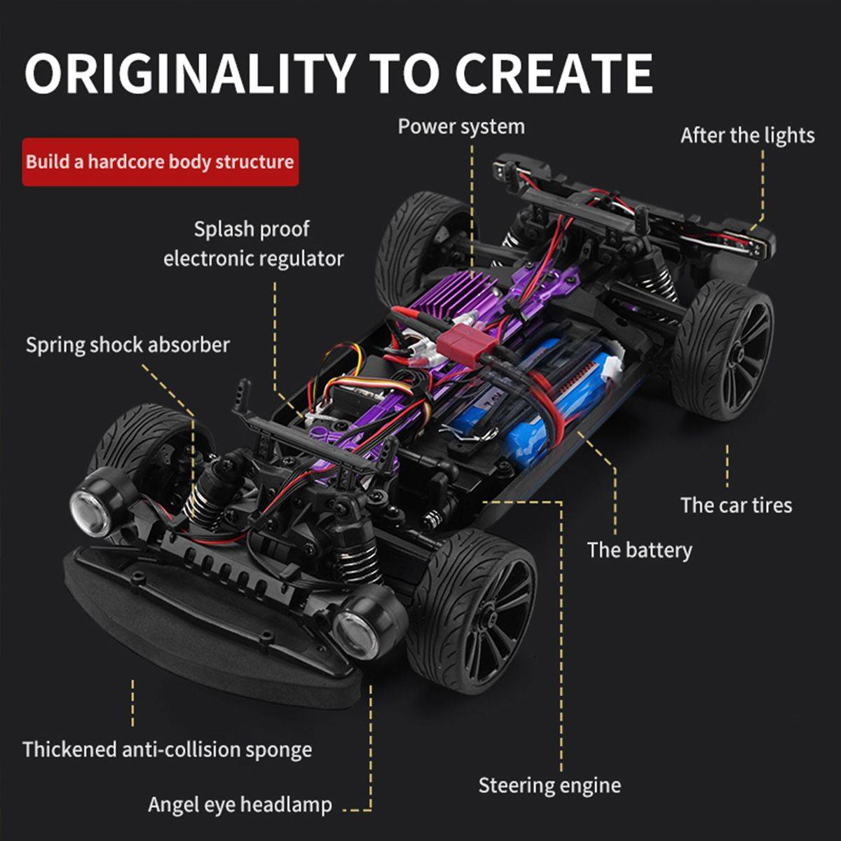 Internal structure of the 16303 Electric High Speed 4WD RC Drift Car, showcasing its power system, shock absorbers, and electronic components.