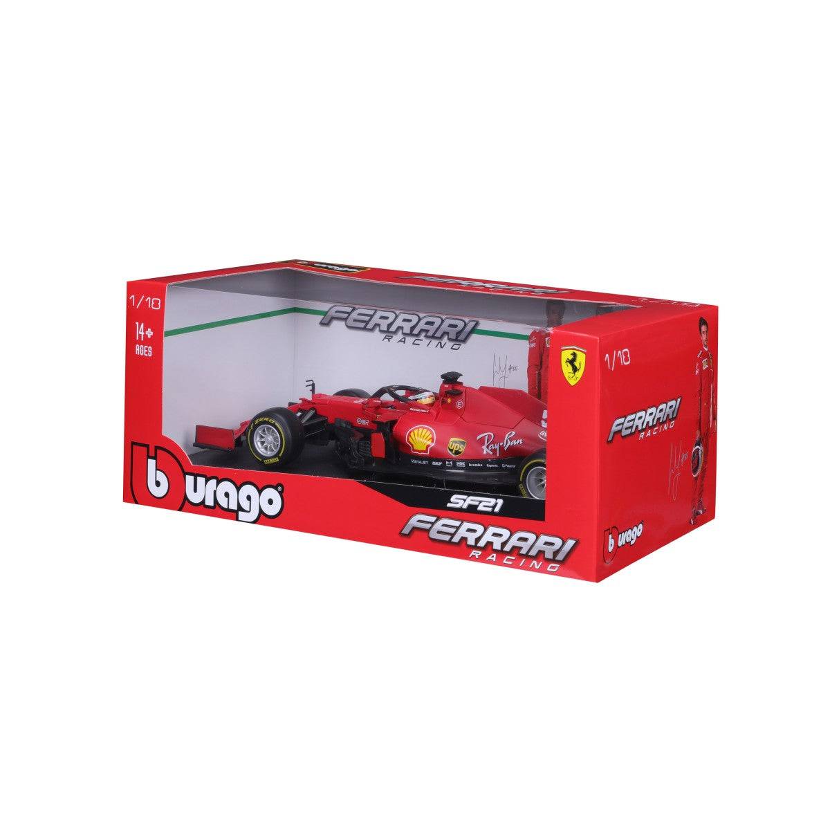 Bburago 1:18 Ferrari F1 Car Model 2021 SF21 in its original packaging, featuring Ferrari branding and collector-friendly display box.