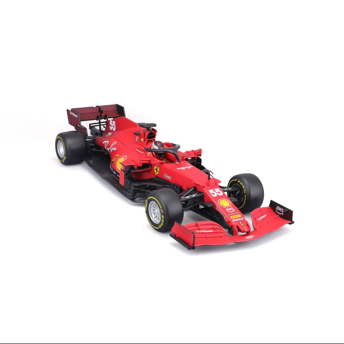 Detailed perspective of the Bburago 1:18 Ferrari F1 Car Model 2021 SF21, featuring front wing elements and tire textures.