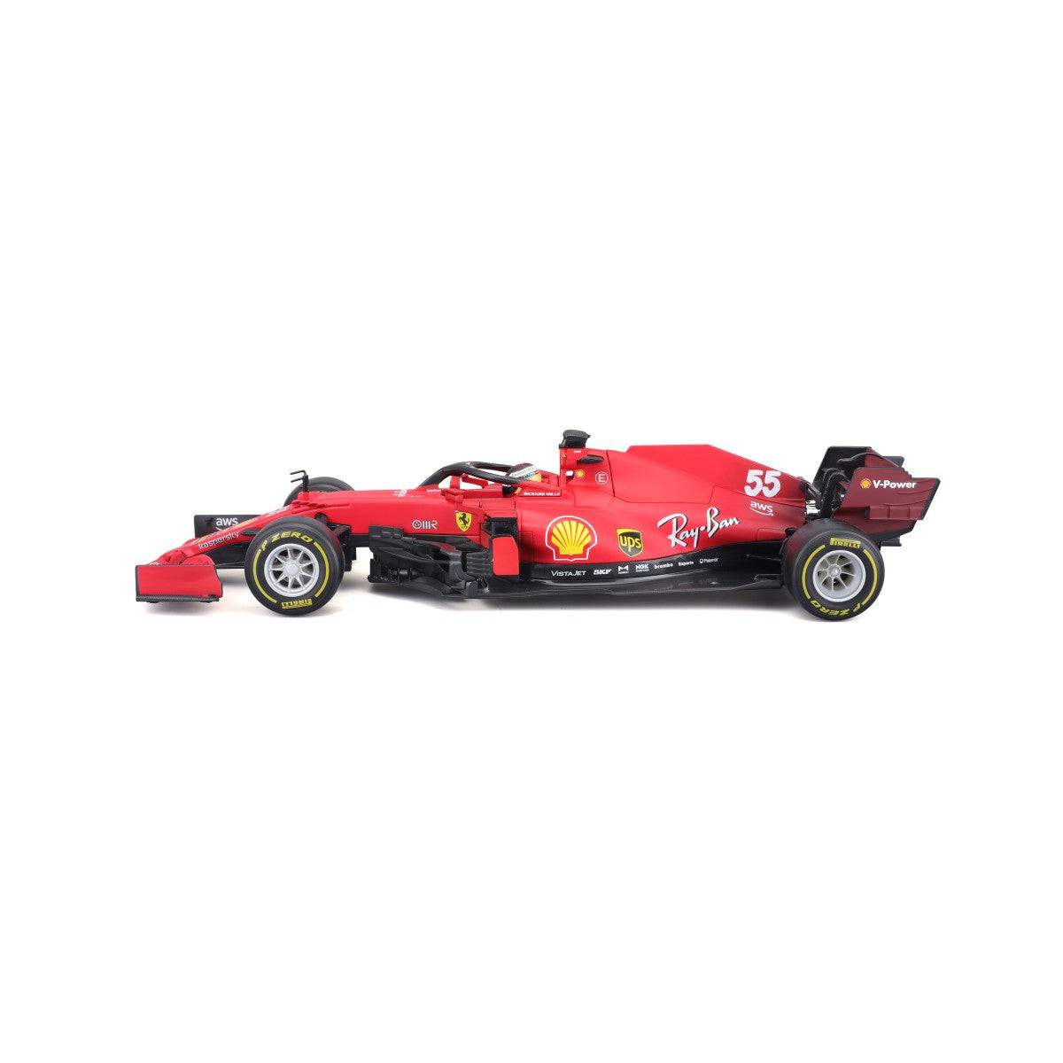 Side profile of the Bburago 1:18 Ferrari F1 Car Model 2021 SF21, featuring sponsor decals and realistic rubber tires.