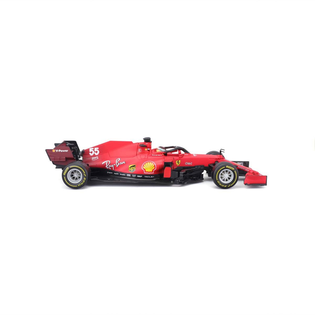 Left side view of the Bburago 1:18 Ferrari F1 Car Model 2021 SF21, showcasing its sleek bodywork and aerodynamic components.