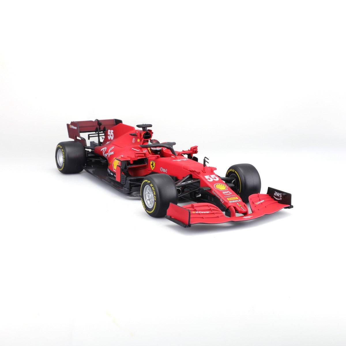 Angled front-left view of the Bburago 1:18 Ferrari F1 Car Model 2021 SF21, displaying intricate details and realistic design.