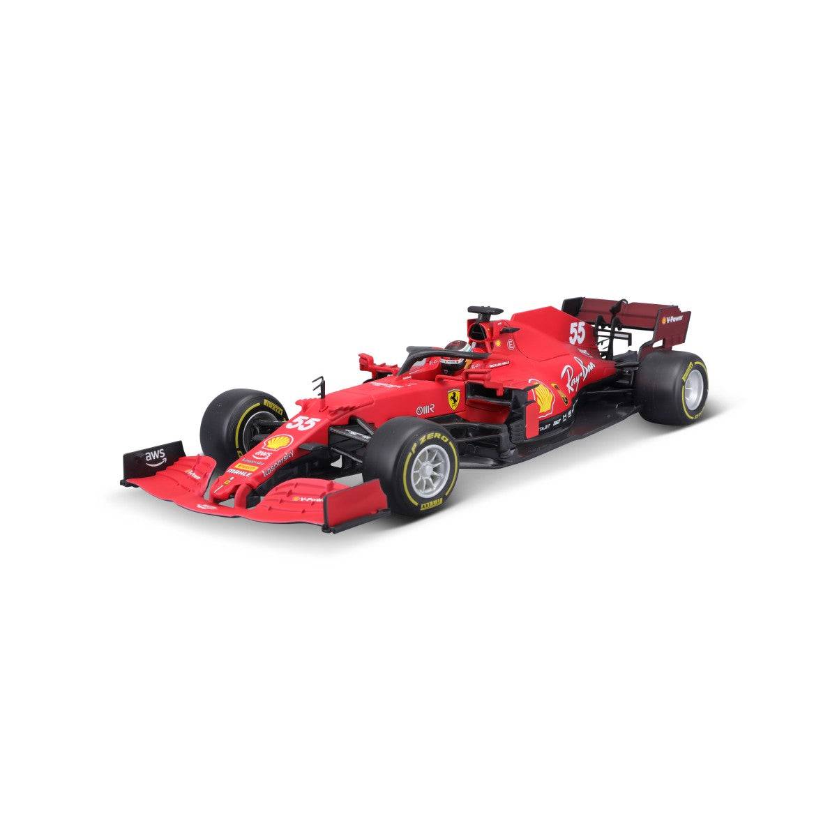 Angled front-right view of the Bburago 1:18 Ferrari F1 Car Model 2021 SF21, emphasizing its precision die-cast construction.