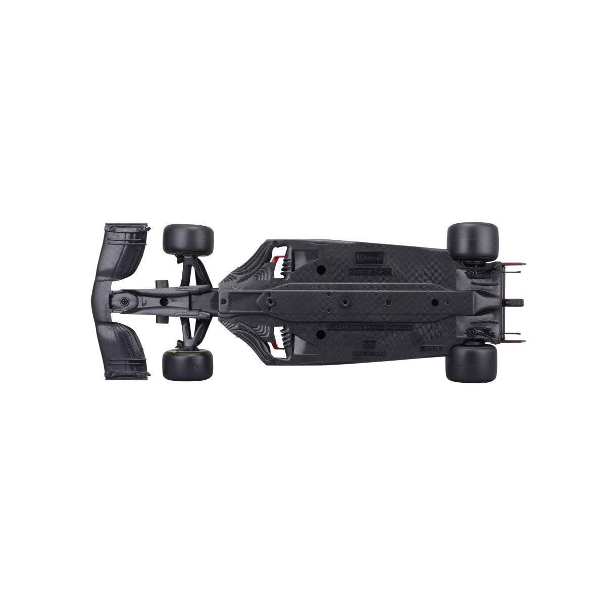Underside view of the Bburago 1:18 Ferrari F1 Car Model 2021 SF21, highlighting the detailed chassis and underbody design.