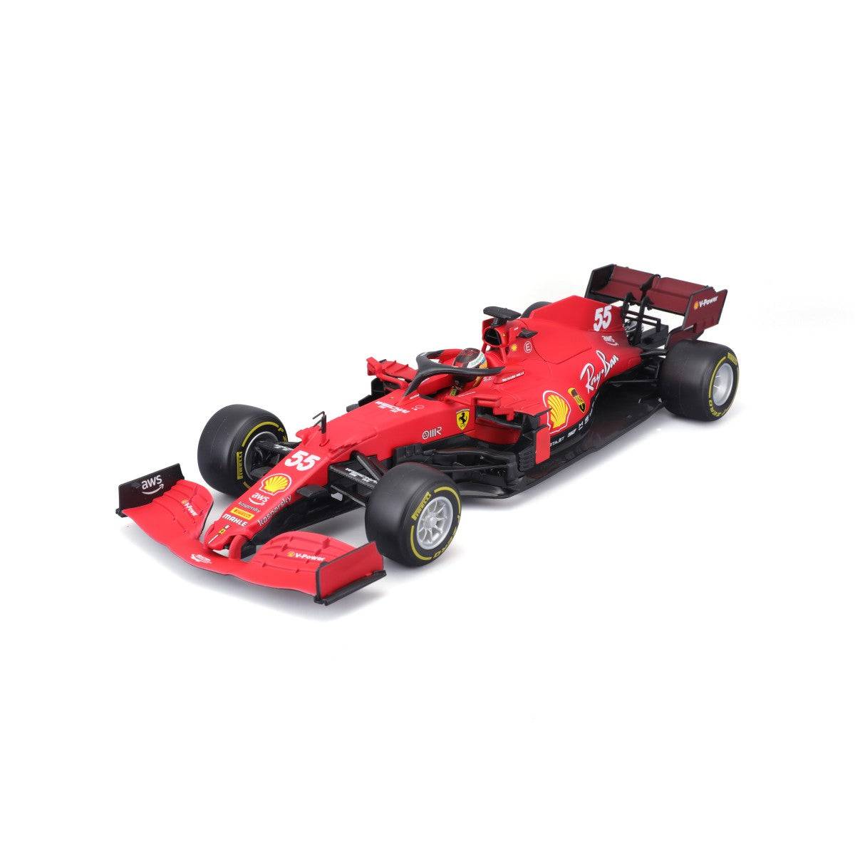 Close-up angled view of the Bburago 1:18 Ferrari F1 Car Model 2021 SF21, capturing its realistic paintwork and sponsor logos.