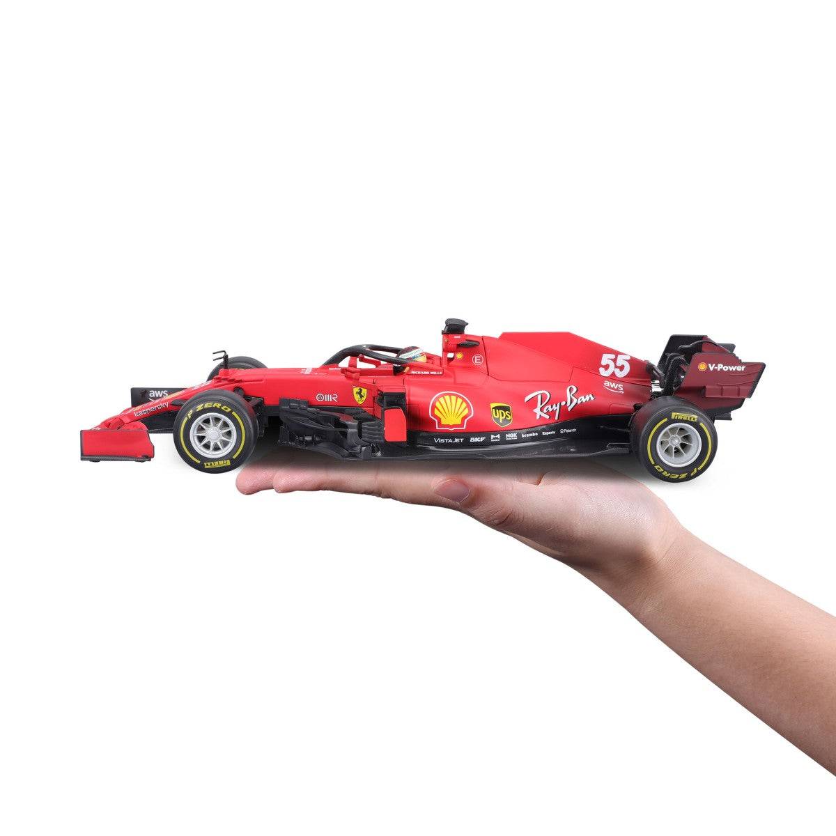 Bburago 1:18 Ferrari F1 Car Model 2021 SF21 displayed on a hand, illustrating its scale and collectible size.
