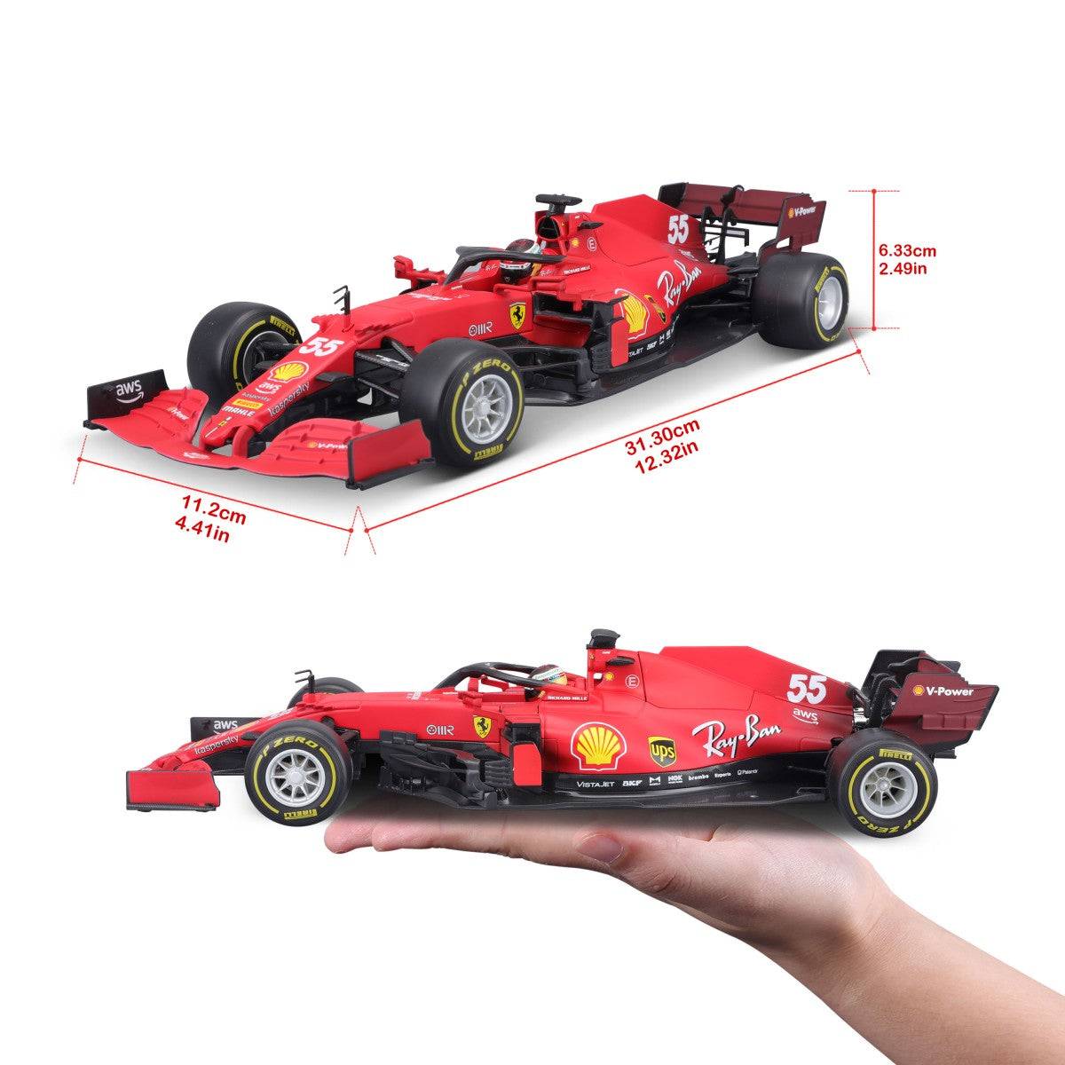 Comparison of the Bburago 1:18 Ferrari F1 Car Model 2021 SF21 with dimensions and hand display for scale reference.