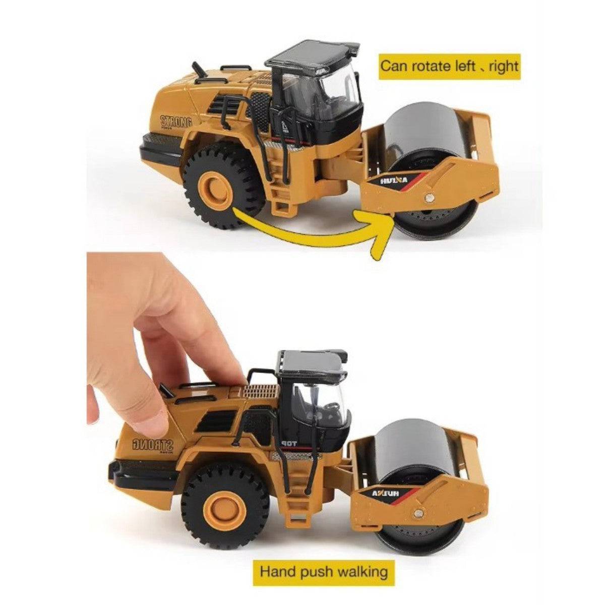 Huina 1715 1:50 Diecast Road Roller with a rotating front drum and hand-push walking function, enhancing playability and realism.