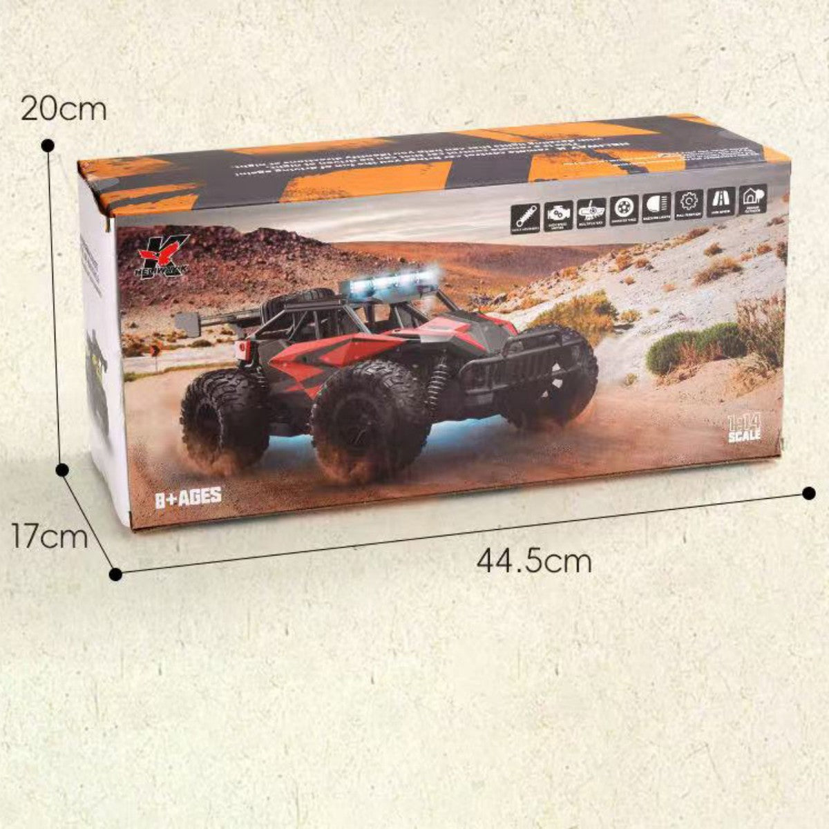 Retail packaging of WBRC 1809 1:14 Off Road RC Monster Truck, box size 44.5cm x 20cm x 17cm, ideal for gifting remote control car enthusiasts | HugmieToys