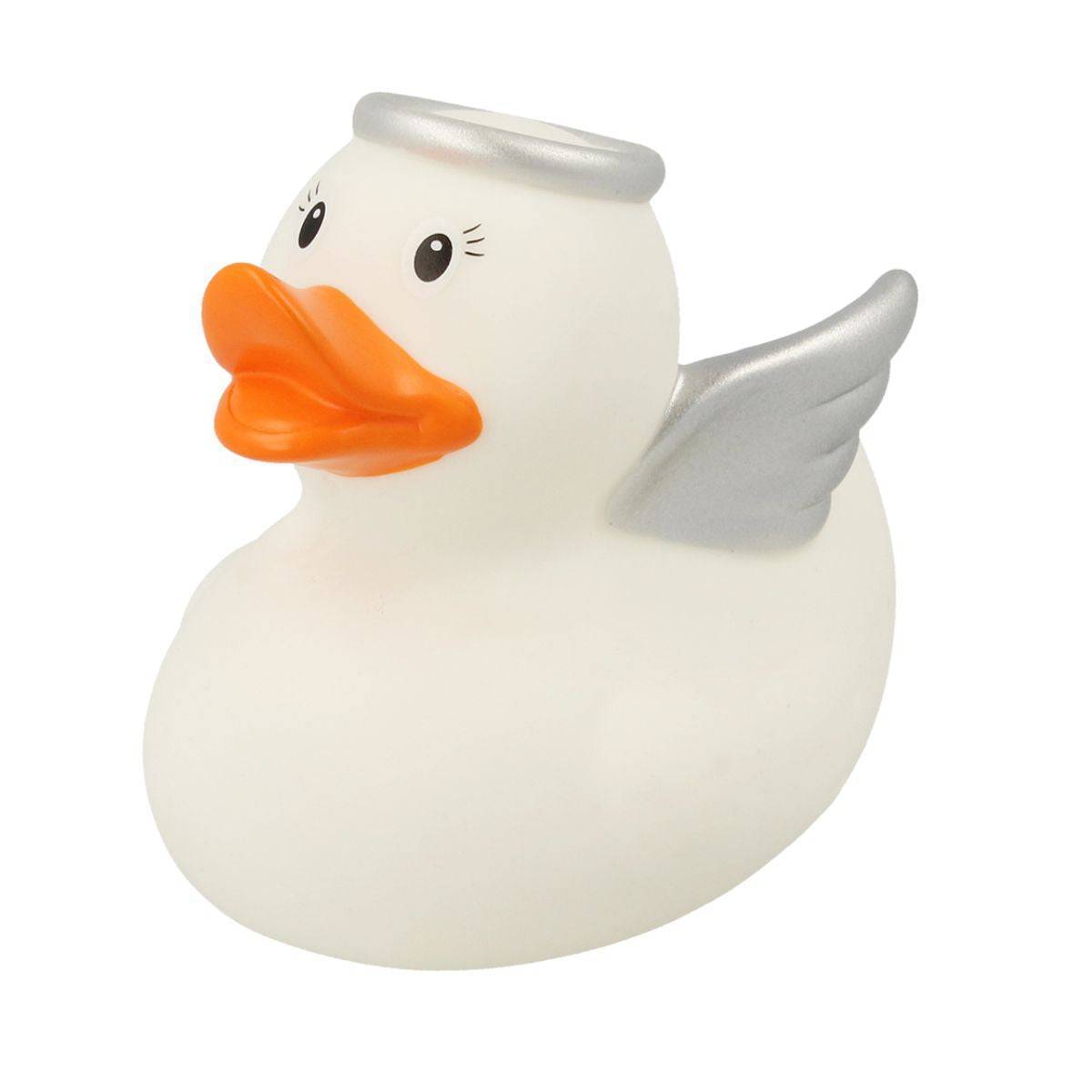 Lilalu Rubber Duck designed as an angel with silver wings and a halo. A heavenly bath toy from the Lilalu Rubber Ducks Baby Bath Toys Blind Box.