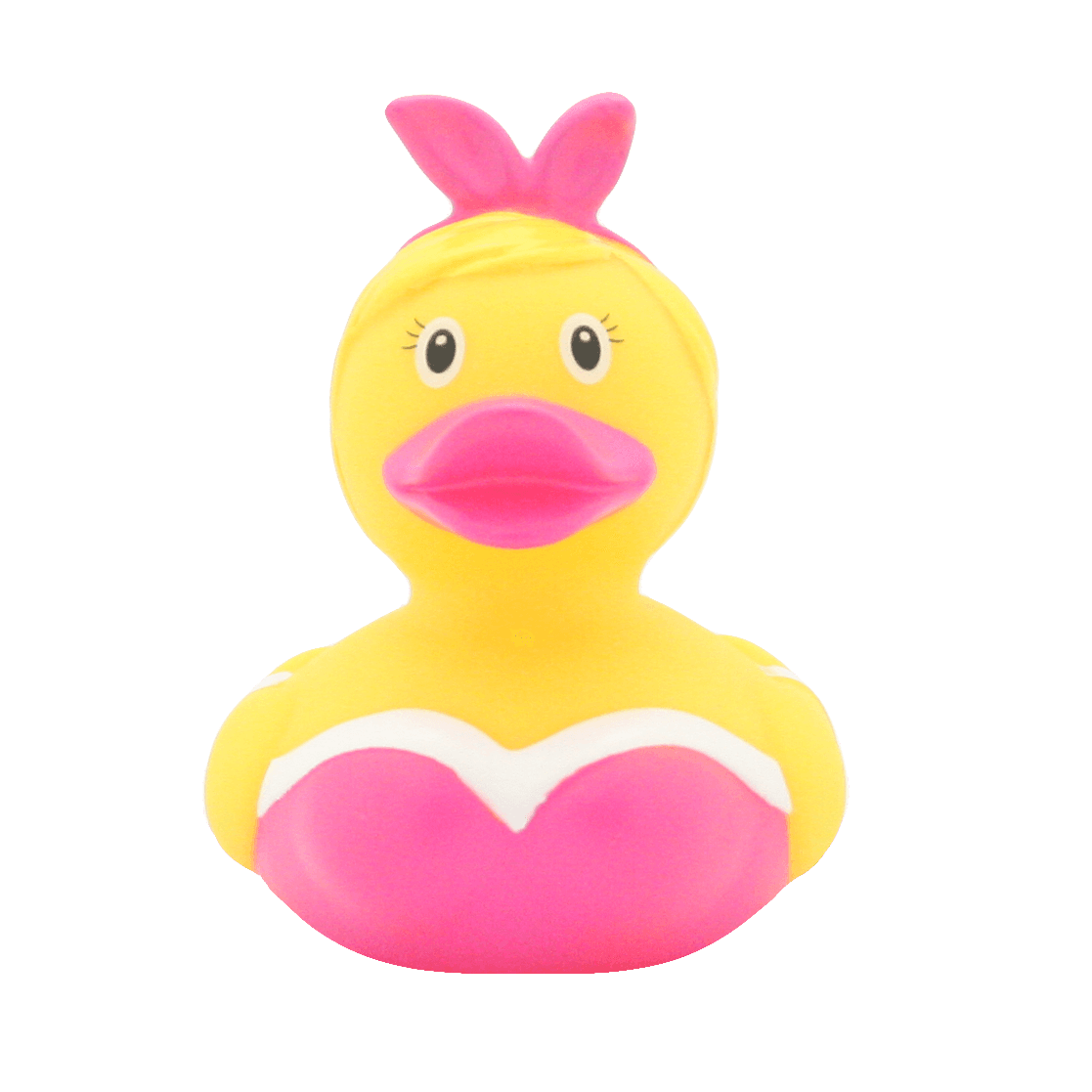 Lilalu Rubber Duck in a pink swimsuit with a bow on its head. A stylish bath toy from the Lilalu Rubber Ducks Baby Bath Toys Blind Box collection.