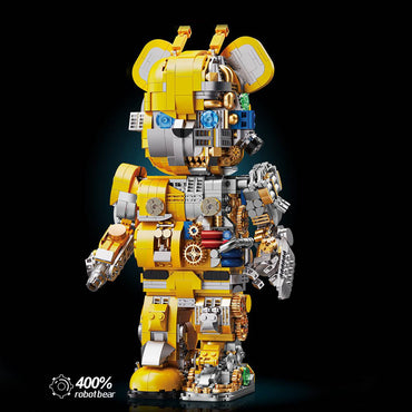 Yellow Wangao Robot Bear Brick with exposed mechanical parts and gears, combining construction set fun with robotic aesthetics for toy enthusiasts.