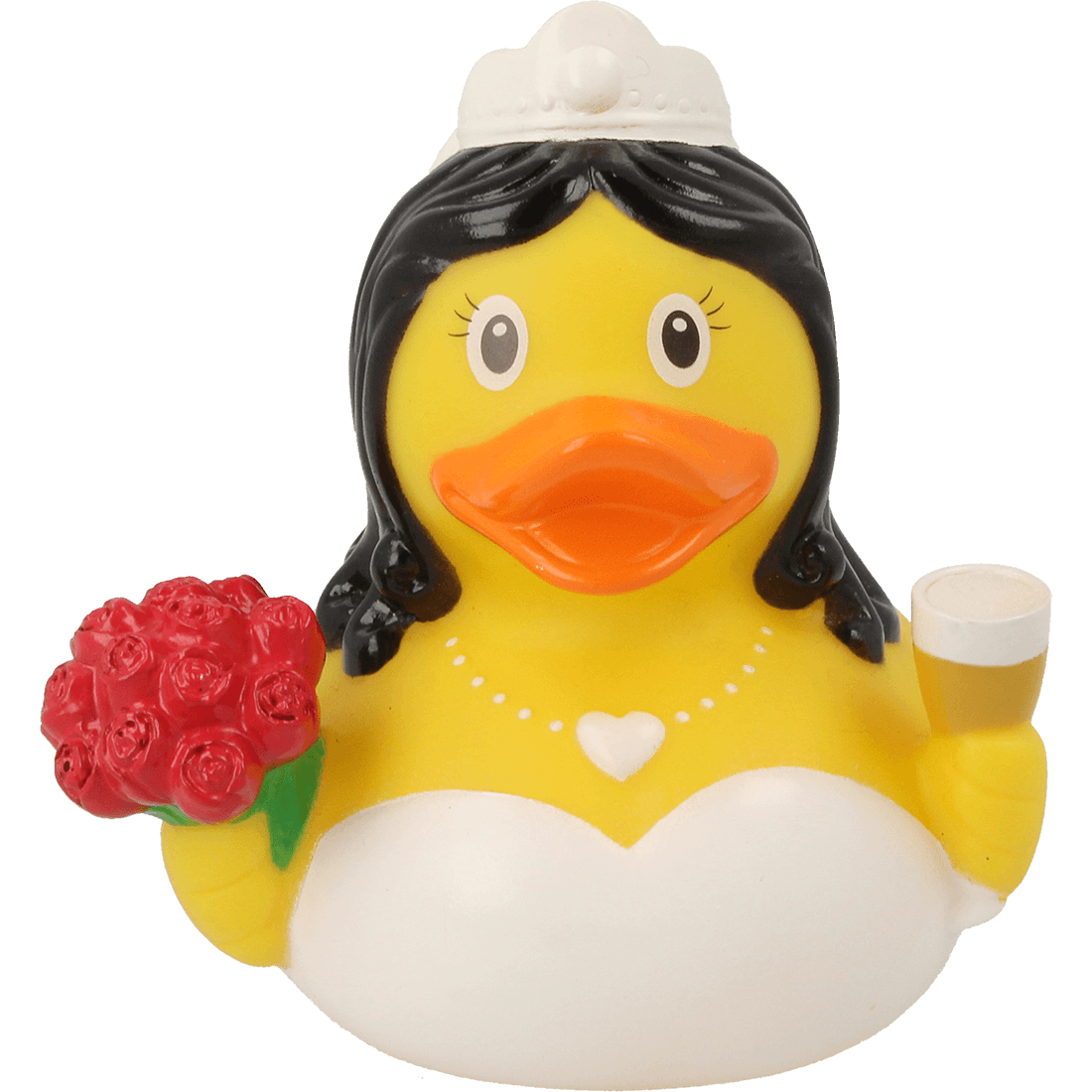 Lilalu Rubber Duck in a wedding dress holding a bouquet and a champagne glass. A charming bath toy from the Lilalu Rubber Ducks Baby Bath Toys Blind Box.
