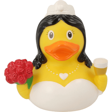 Lilalu Rubber Duck in a wedding dress holding a bouquet and a champagne glass. A charming bath toy from the Lilalu Rubber Ducks Baby Bath Toys Blind Box.
