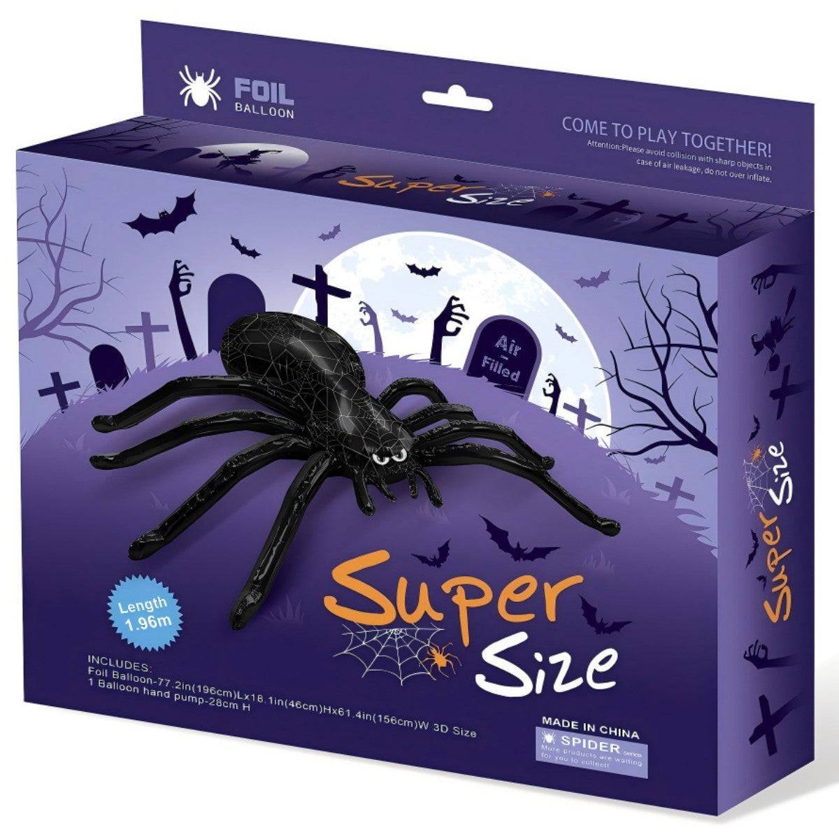 Super-sized black spider foil balloon in themed packaging. Ideal for Halloween party decorations and spooky celebrations.